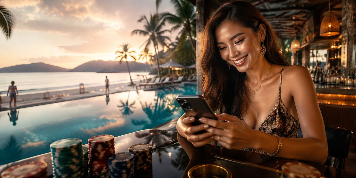 Pemain Malaysia dari Langkawi menggunakan telefon mudah alih untuk bermain di f95zone dengan pakaian tradisional